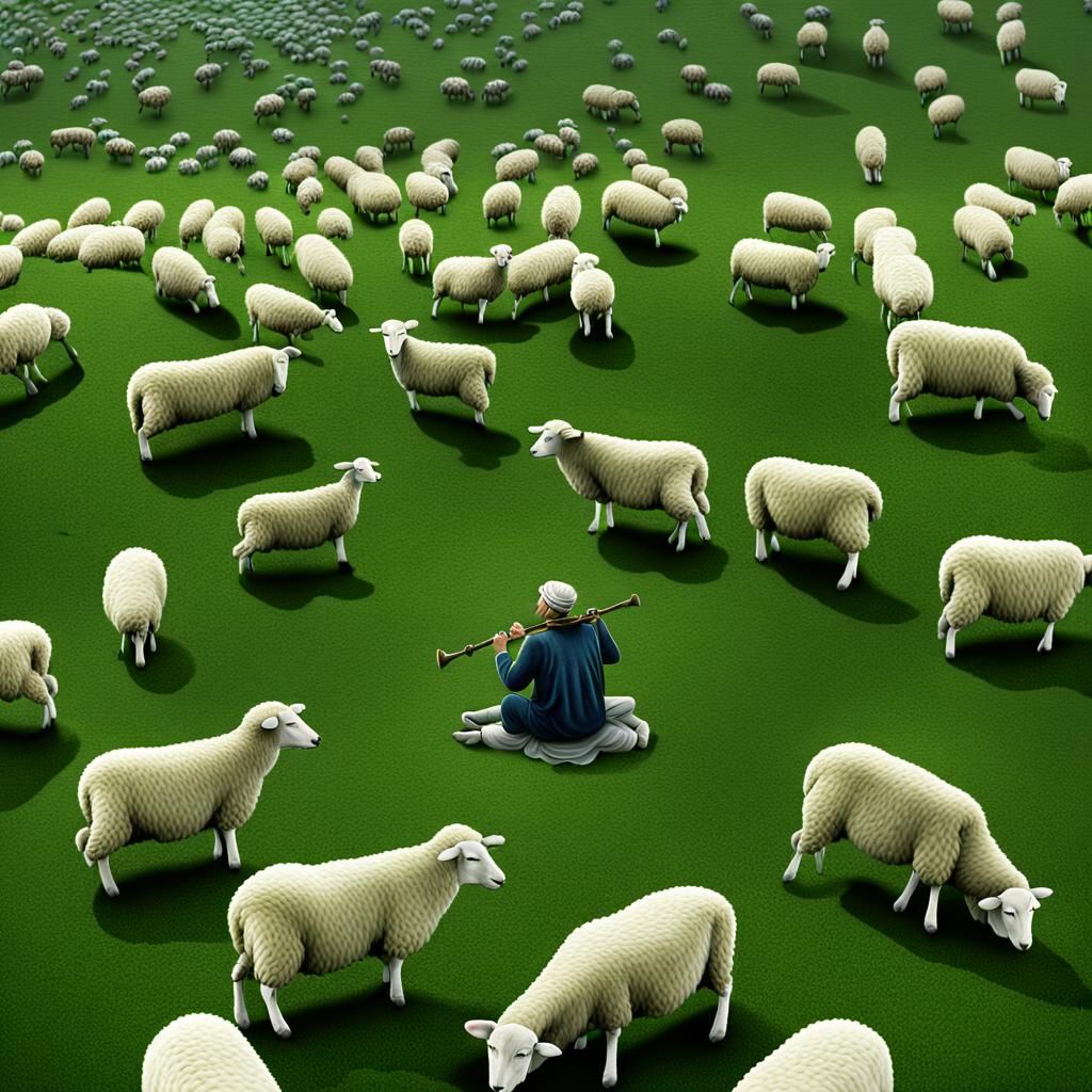 Pastoral Scene: Shepherd and Sheep in Dreamlike Landscape