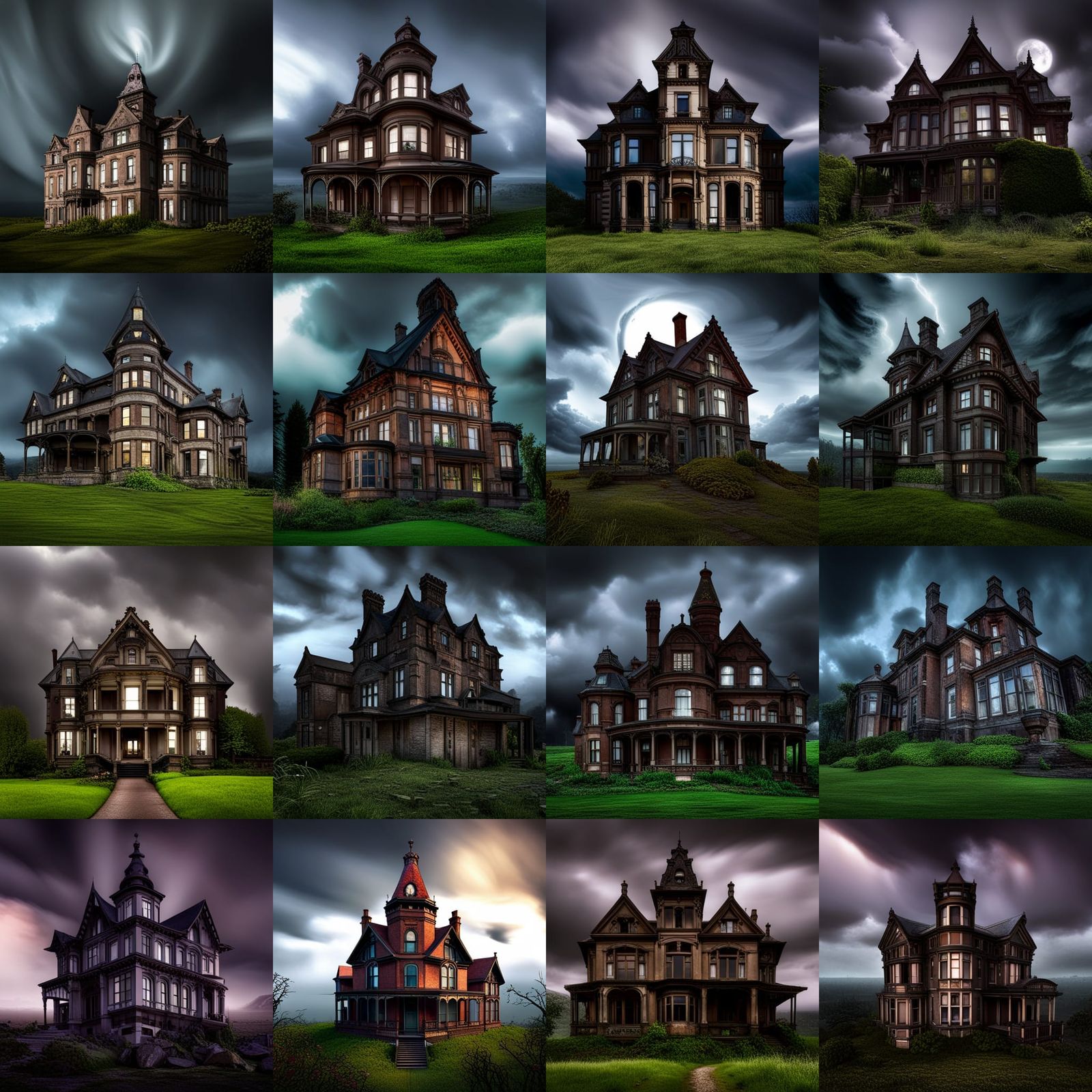 An old Victorian manor house in disrepair sitting on a hill in the middle of a thunderstorm with ghostly figures hidden ...