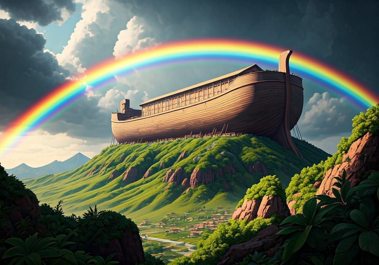 A rainbow over Noah's Ark resting on top of Mount Ararat  by @Alison
