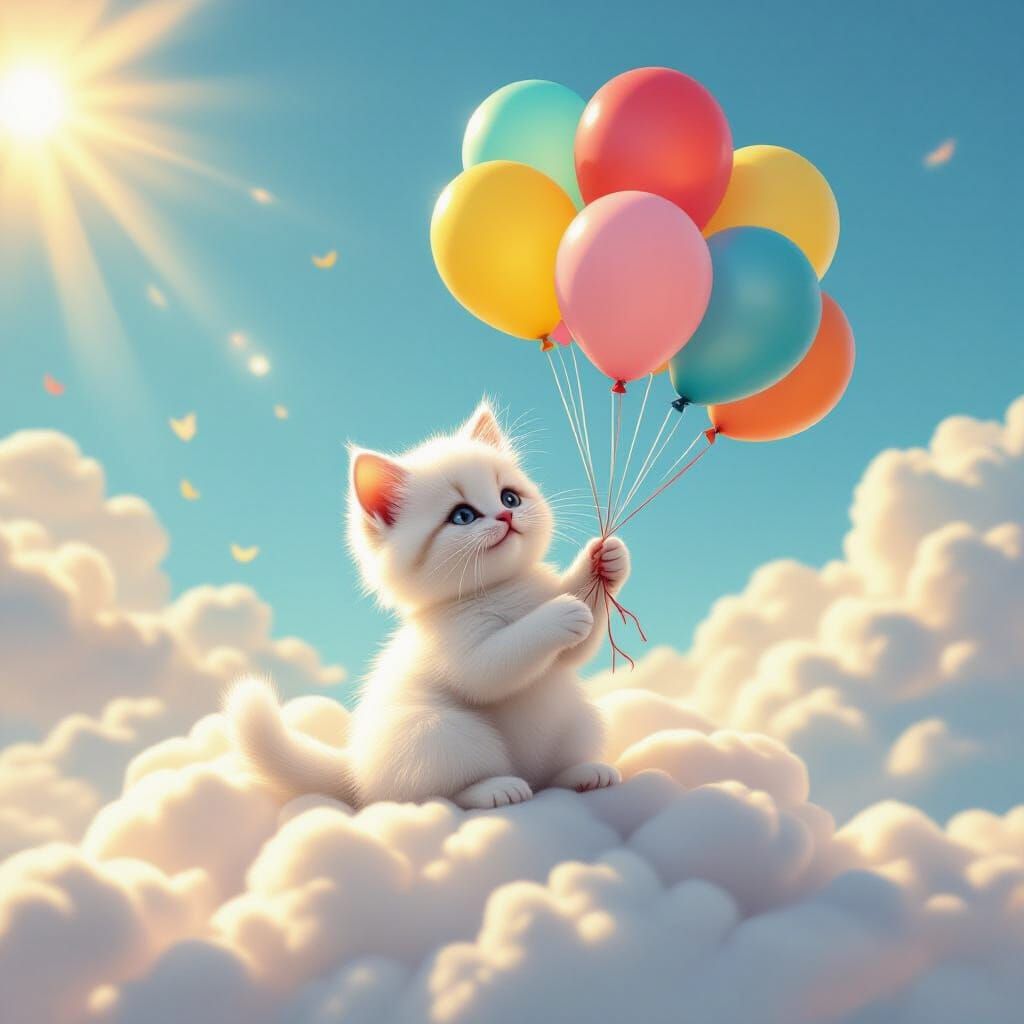 Fluffy Kitten on Cloud Holding Colorful Balloons