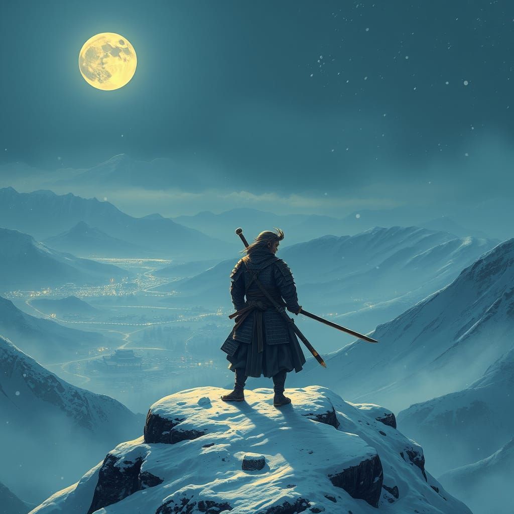 Lone Samurai on Snowy Mountain in Hyperdetailed Style