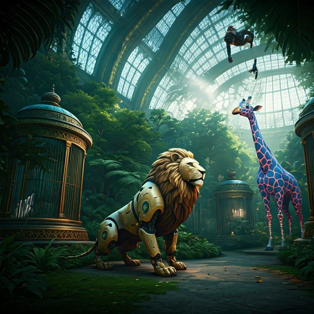 Robotic Wonderland: Futuristic Zoo in Vibrant, Intricate Det...