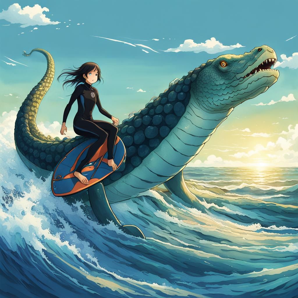Female surfer, wearing wetsuit, riding on the back of a gian...