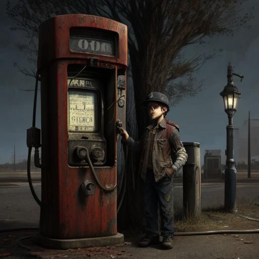 very old rusty gas pump, a little boy is looking at it