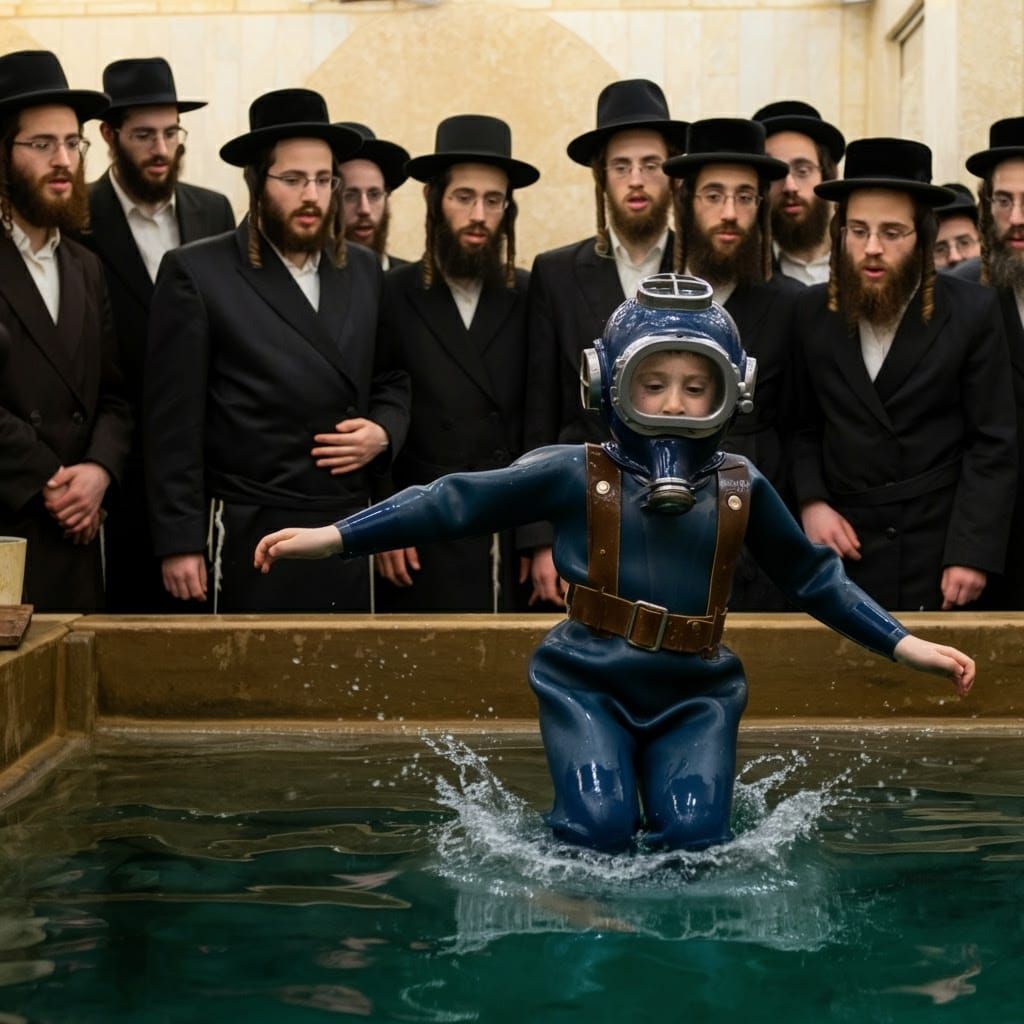 Hasidic Boy Leaps into Mikveh Waters in Dramatic Diving Suit