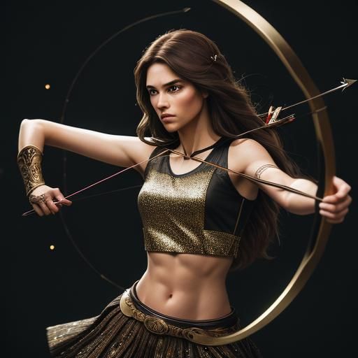 A girl with long brown hair holding a bow and arrow wearing ...