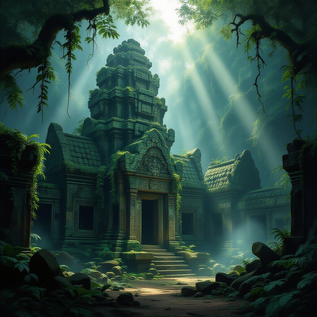 An ancient, forgotten temple hidden deep within a dense, mist-shrouded jungle. Vines and moss cover crumbling stone structures, hinting at a...