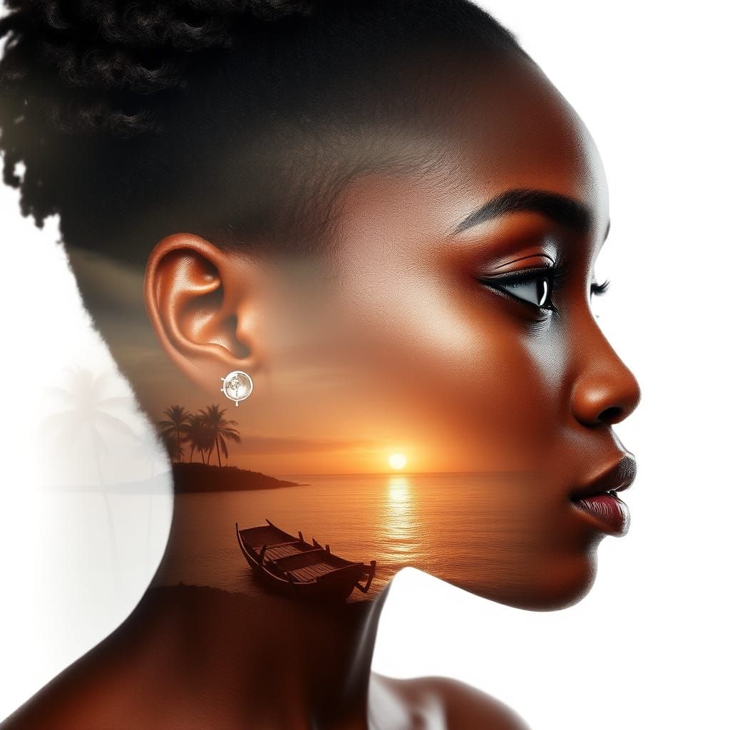 portrait of a black woman, double exposure, landscape of a tropical island, white background, photo quality, ...  by @Babasik