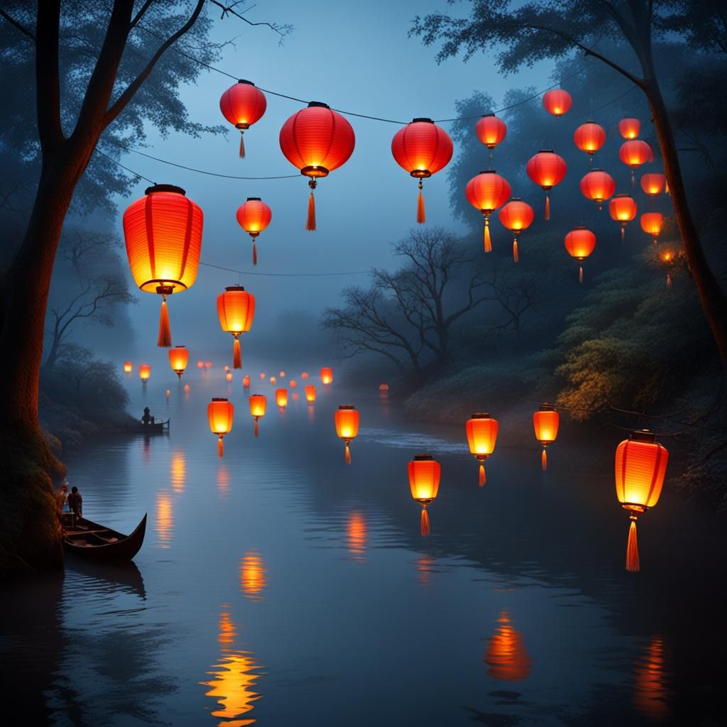 Ghosts hang back in the shadows at twilight as bright lanterns are