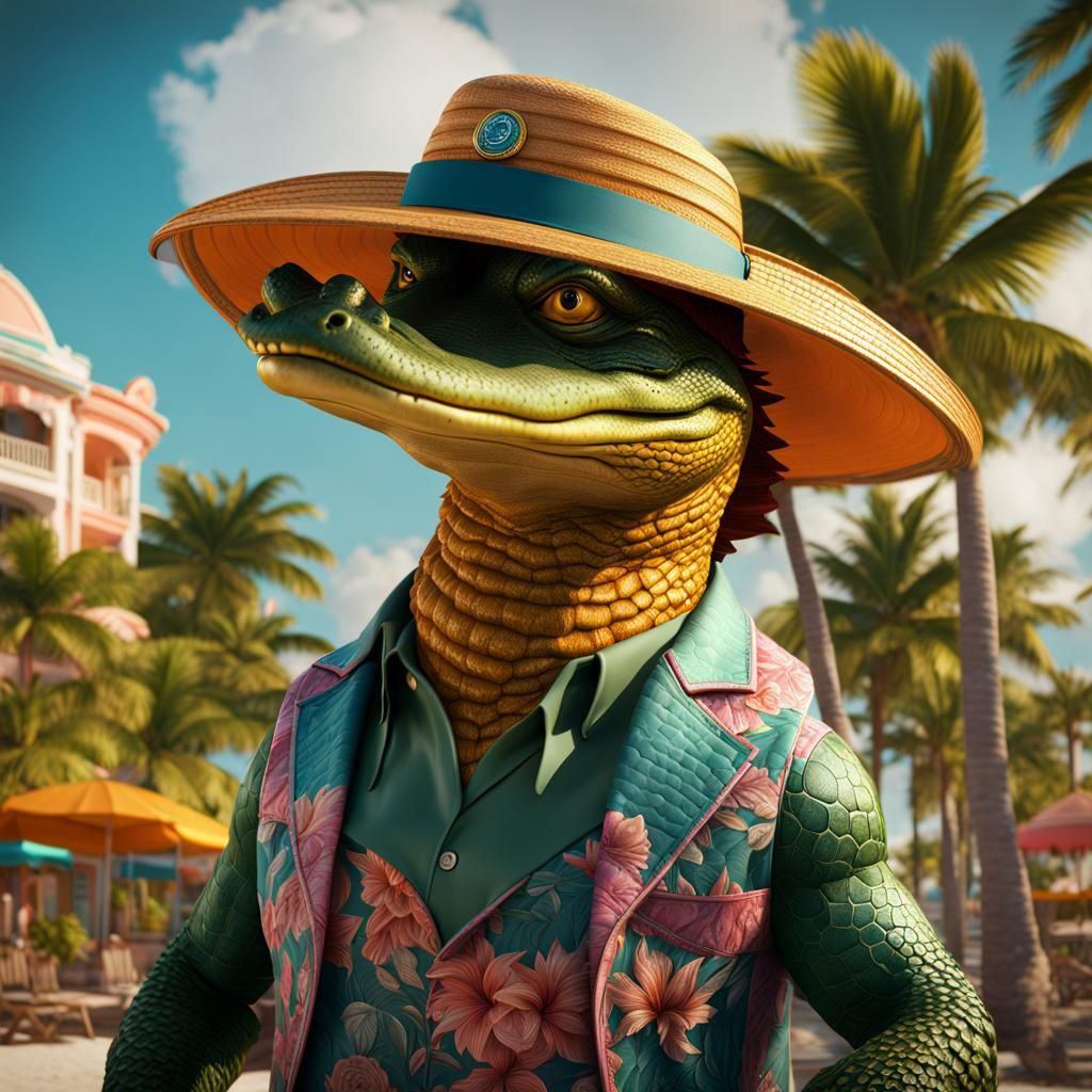 Close up of Gator wearing sun hat with South Beach florida i...