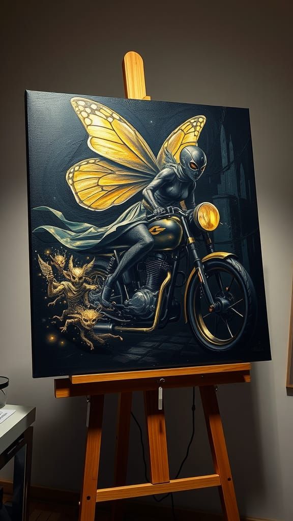 <lora:Steamdreams1:1.0> <lora:Weirdo Wonder:1.0> painting on an easel, a pitch black flying  steampunked  augmented  Geared up  Aether motor...