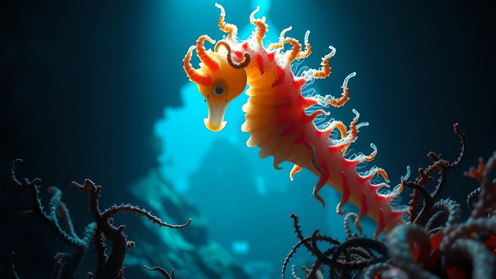 Magical Seahorse in Deep Ocean Cavern