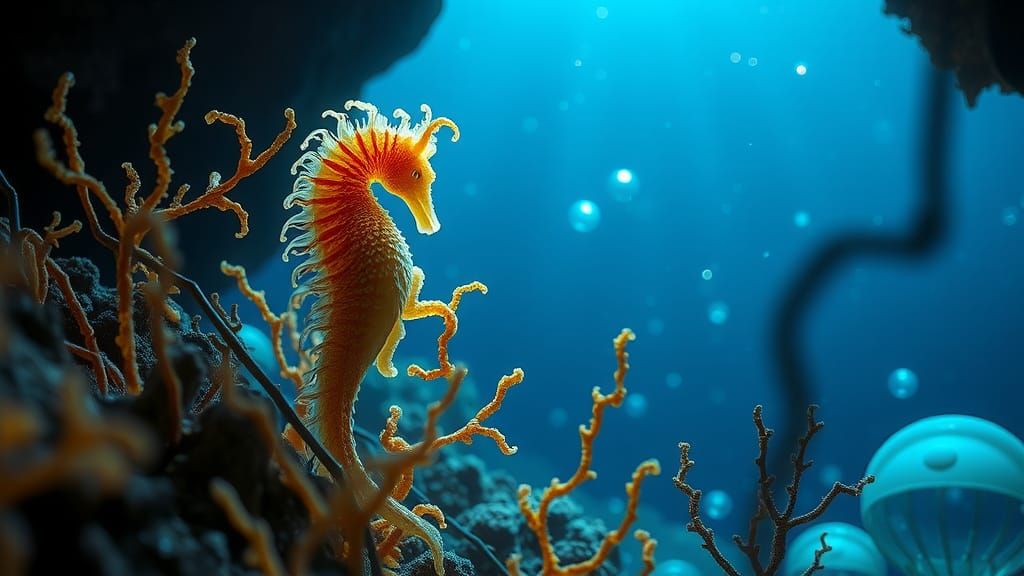 Magical Seahorse in Deep Ocean Cavern