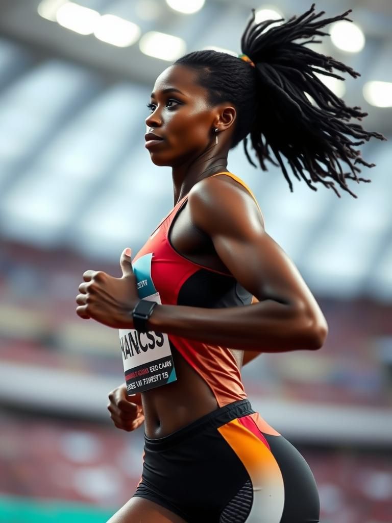 Beautiful ebony Olympic runner woman , motion blur, depth of field 