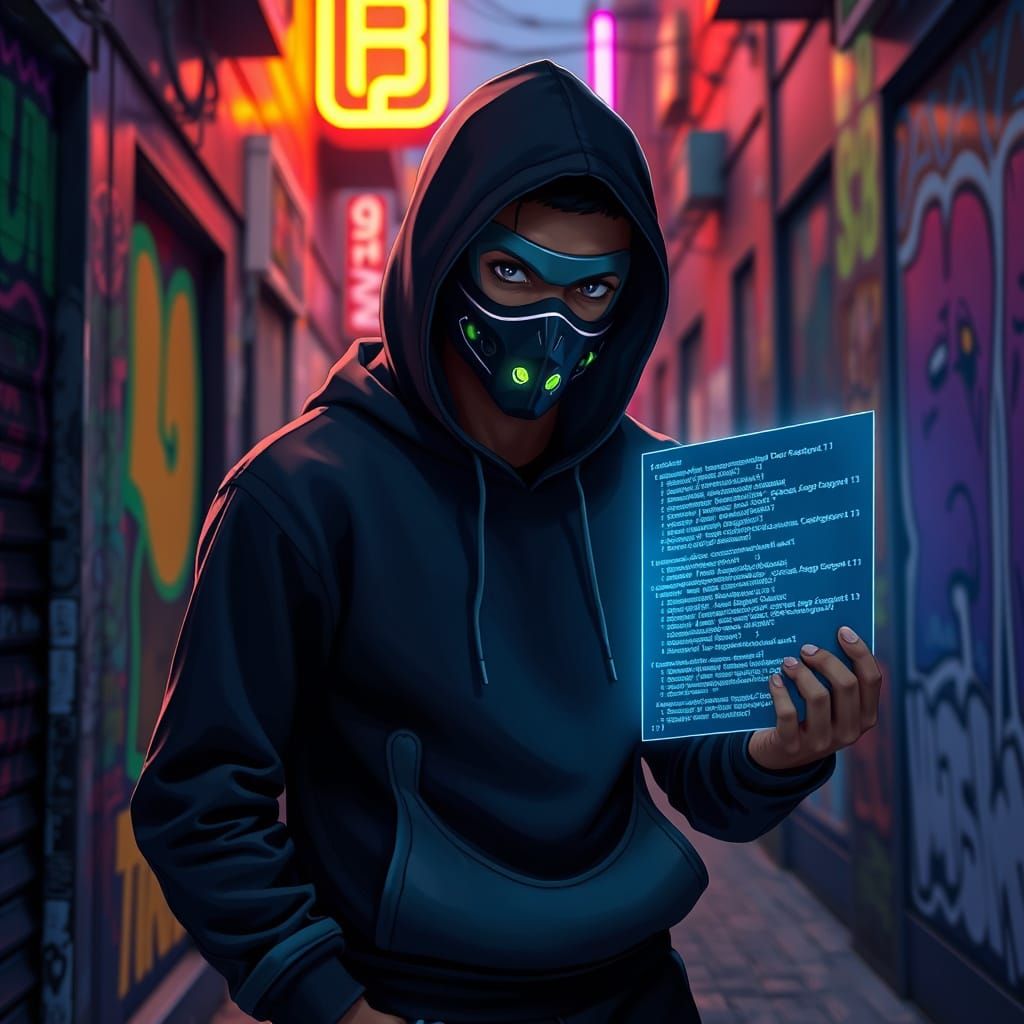 Cyberpunk Hacker in Neon Alleyway