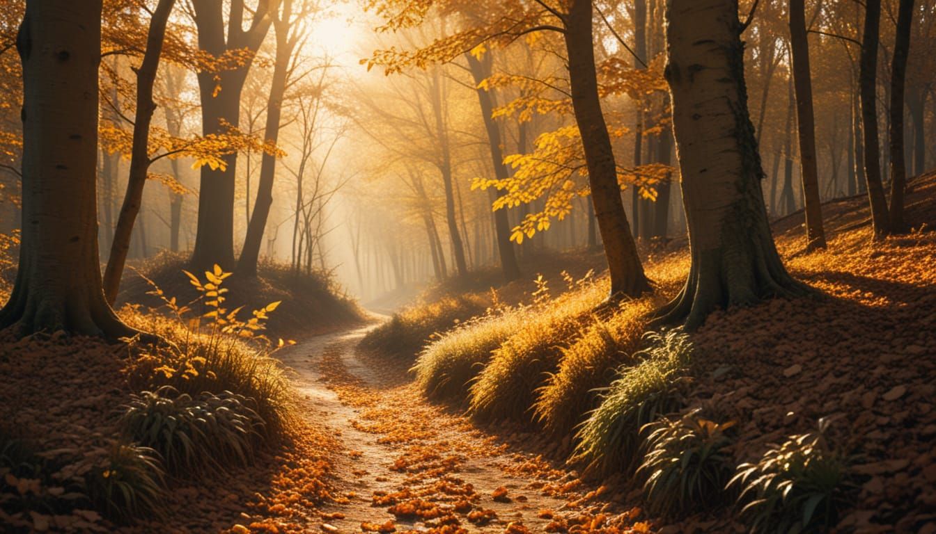 narrow forest path covered in amber leaves, warm sunlight filtering through tall trees, soft shadows, gentle breeze, quiet and nostalgic moo...