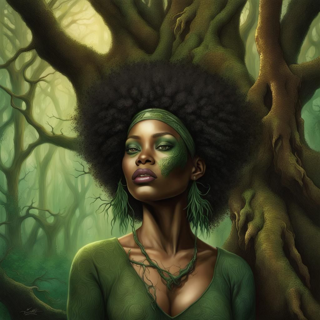 a digital airbrush vibrant, An African American woman in the forest ...