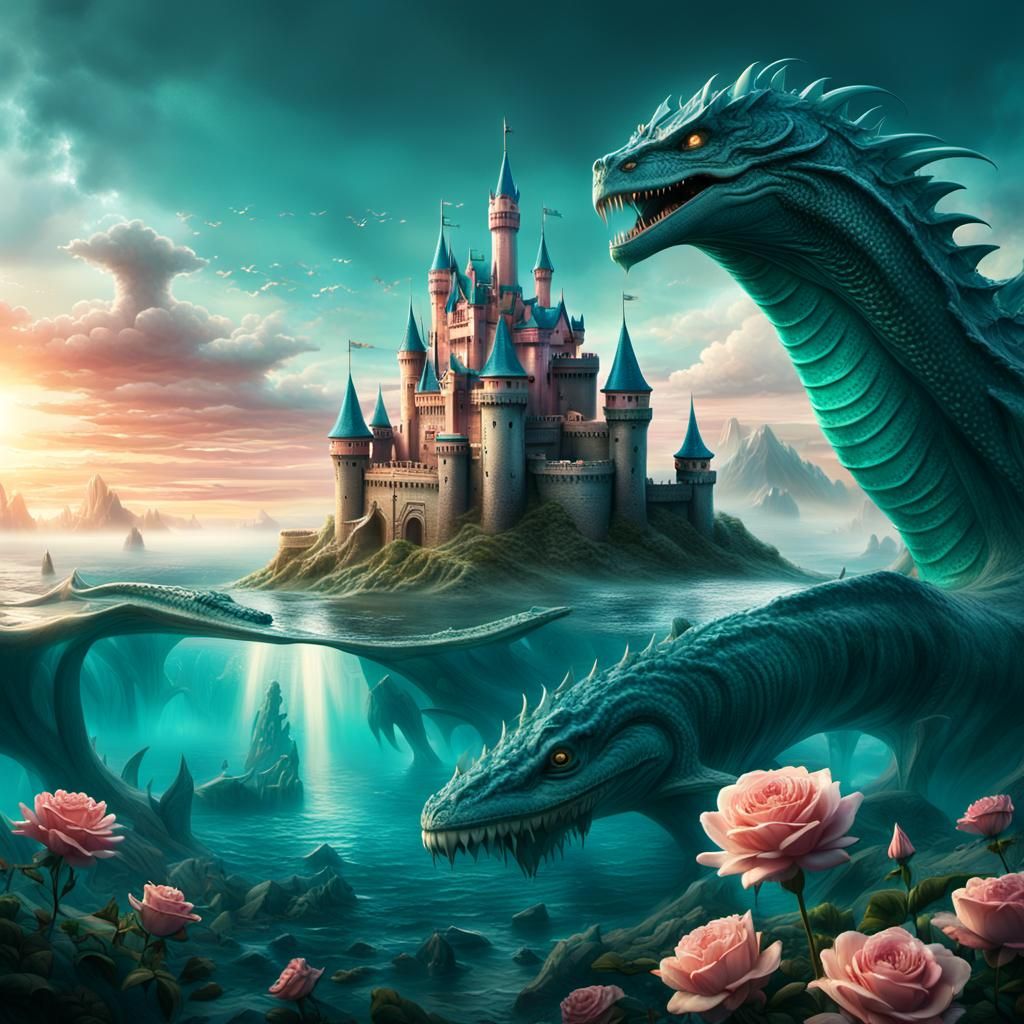 Fantasy magic water aqua teal rose castle monster