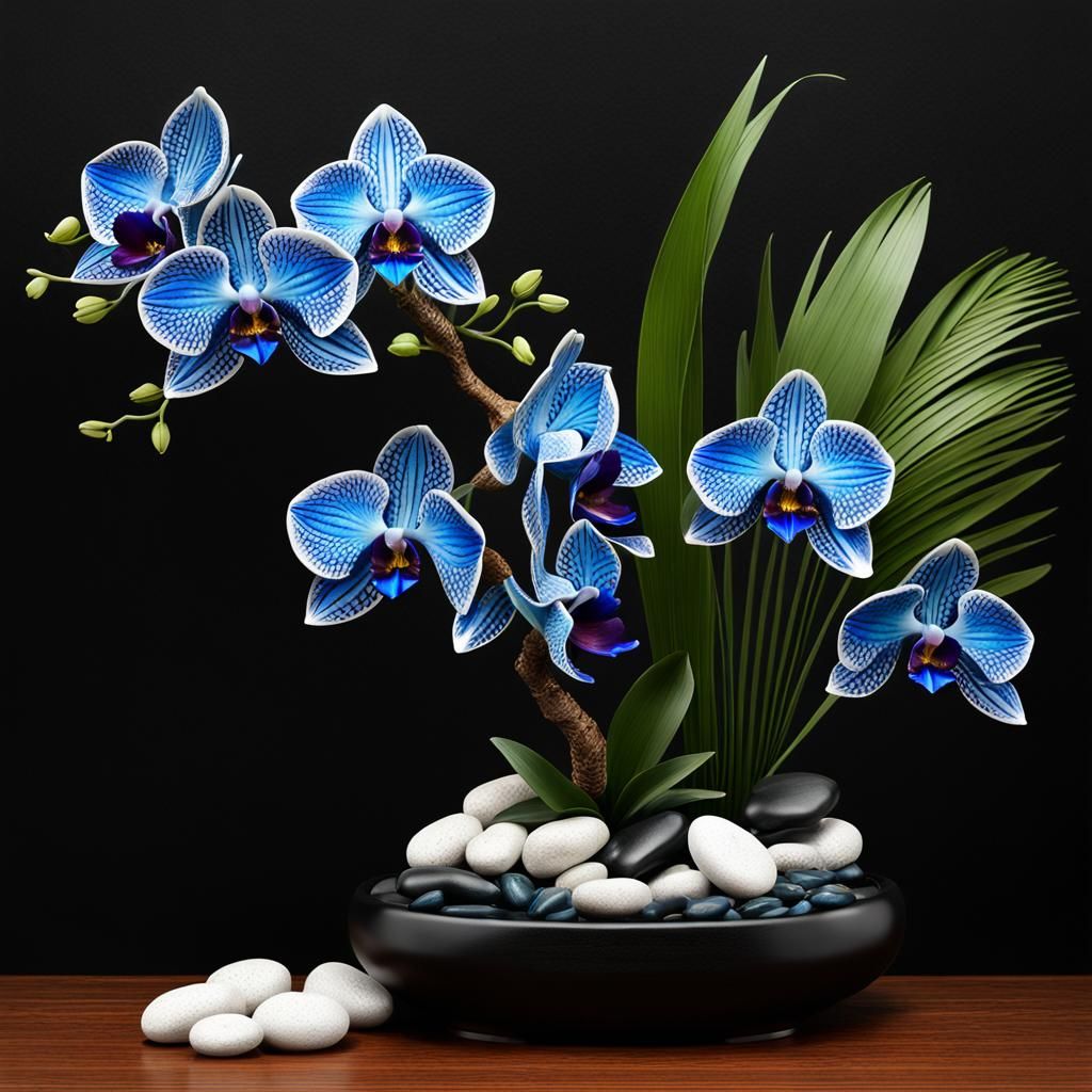Ikebana Arrangement with Blue Orchid Flowers