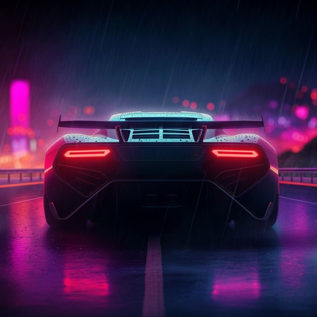Futuristic Black Sports Car Reflects Neon City Lights