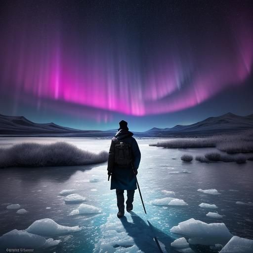 Majestic Polar Landscape with Glowing Aurora and Figure