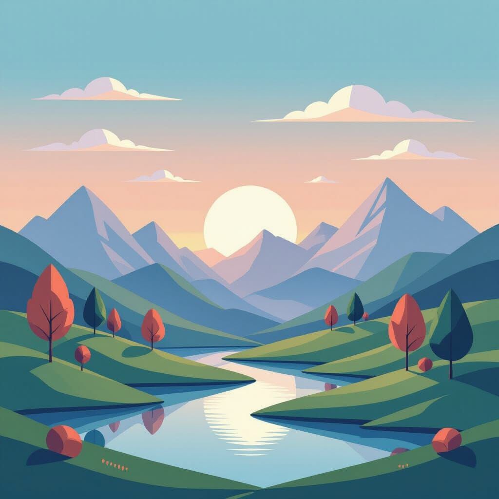 Minimalist Pastel Landscape with Geometric Hills and Trees