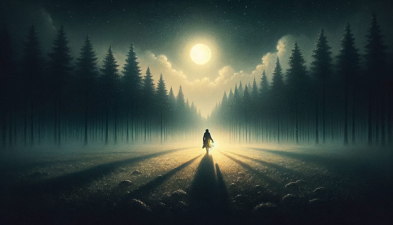[Scene/Subject] A mysterious figure walking through a moonli...