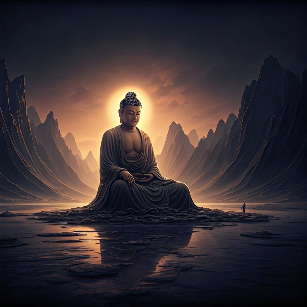 Surreal Buddha Teaching in a Hyperrealistic Landscape