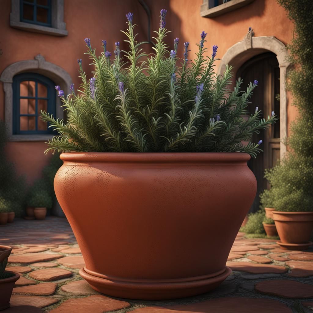 Rosemary plant growing in a large terracotta pot in the grounds outside