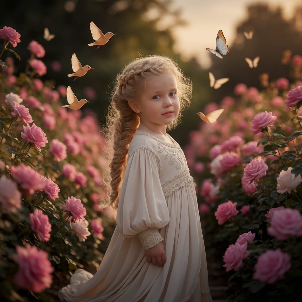 Charming Girl with Braided Hair in Rose Garden