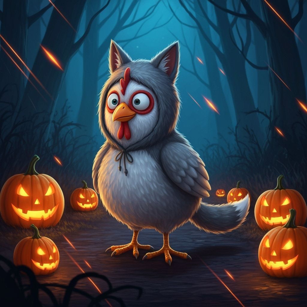 A Chicken Wearing a Wolf Costume for Halloween