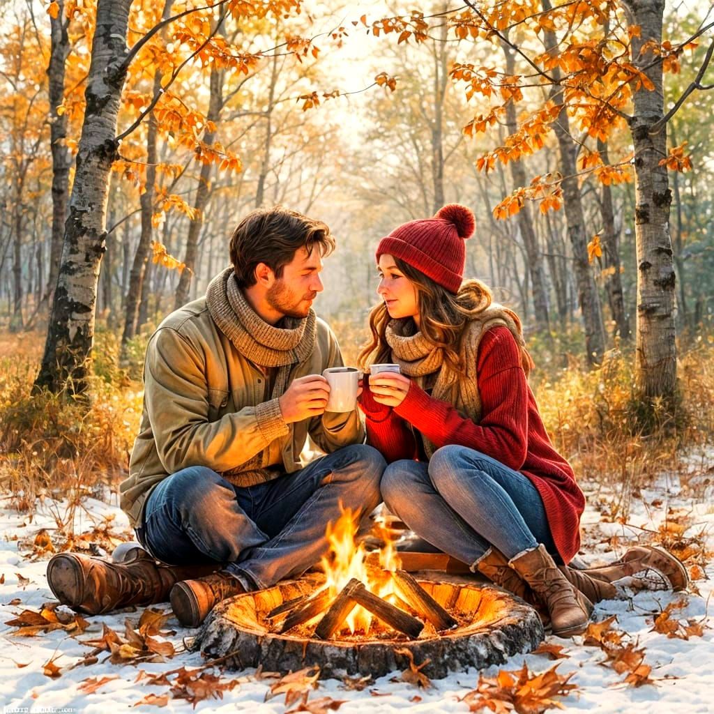 A couple shares a warm mug of spiced cider by a crackling bonfire in a forest clearing. Golden and crimson ...  by @Carlos