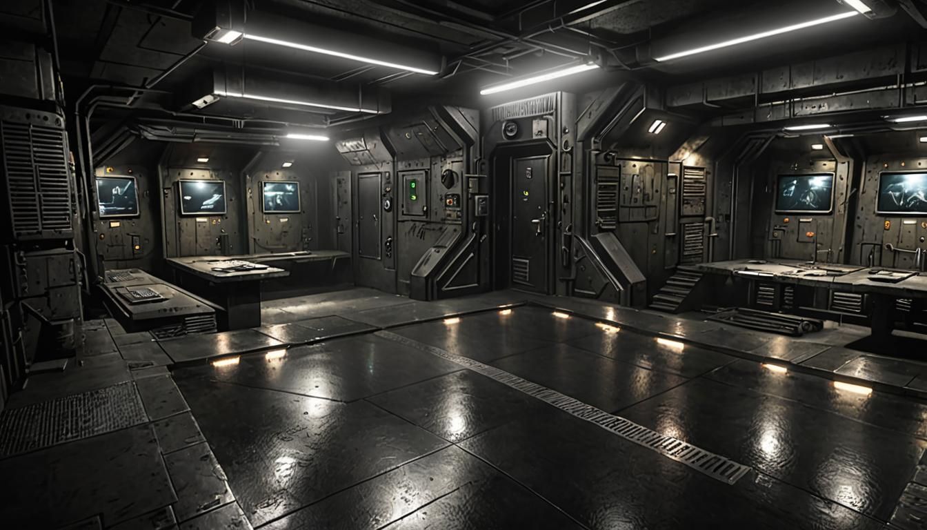 underground military bunker in dark and black, empty no peop...