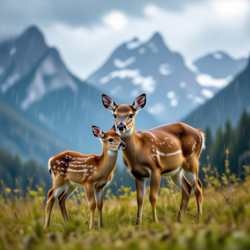 Bambi and Mother Sheltered from Stormy Mountain Rain