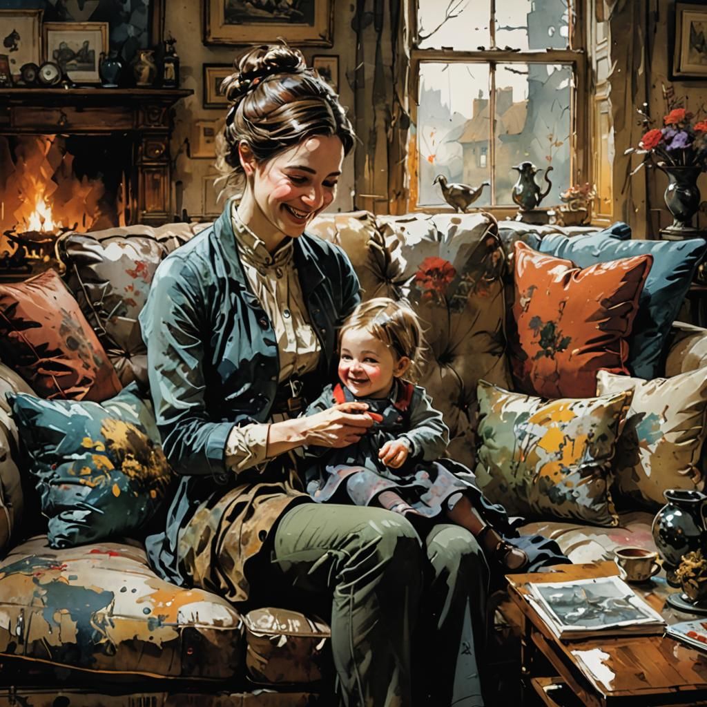 High Angle Shot; woman looking at her young pretty child with a lovely smile. sitting on a sofa. English ...  by @undefined