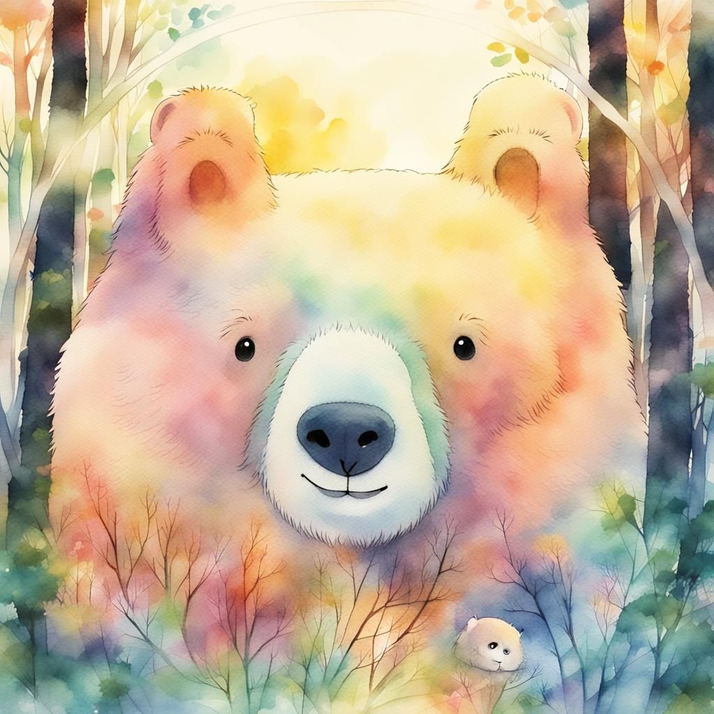 Whimsical Watercolor Anime Bear in Forest