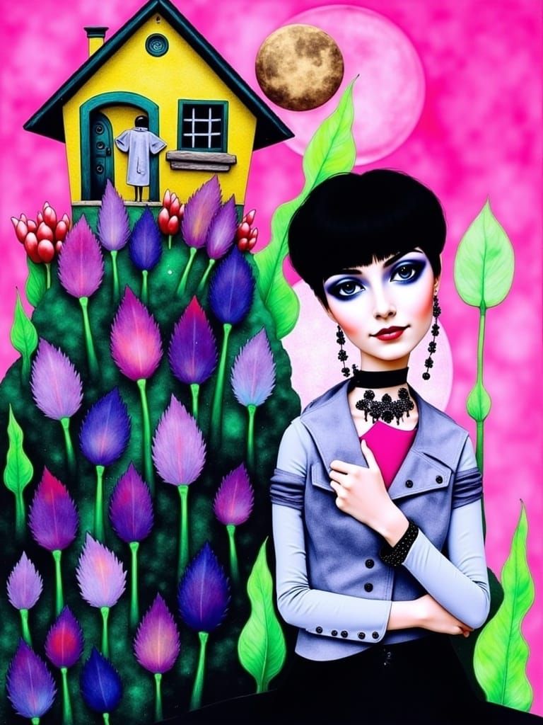 <lora:BeautyofCollageFlux:1.0> Woman with a house on her head, fantasy fairytale