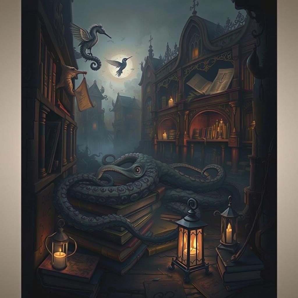 Epic Book octopus seahorse hummingbird Dark Academia