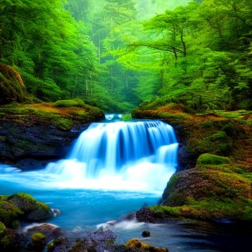 Forest Waterfalls Flowing Into Rushing Stream Landscape