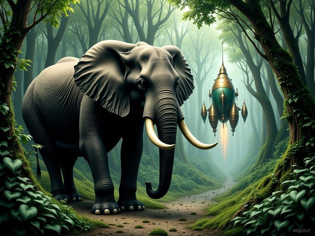 A large African elephant stands guard on a trail that leads deep into the dark jungle interior. Through a break in the trees we see a steampunk style rocket flying through the sky.