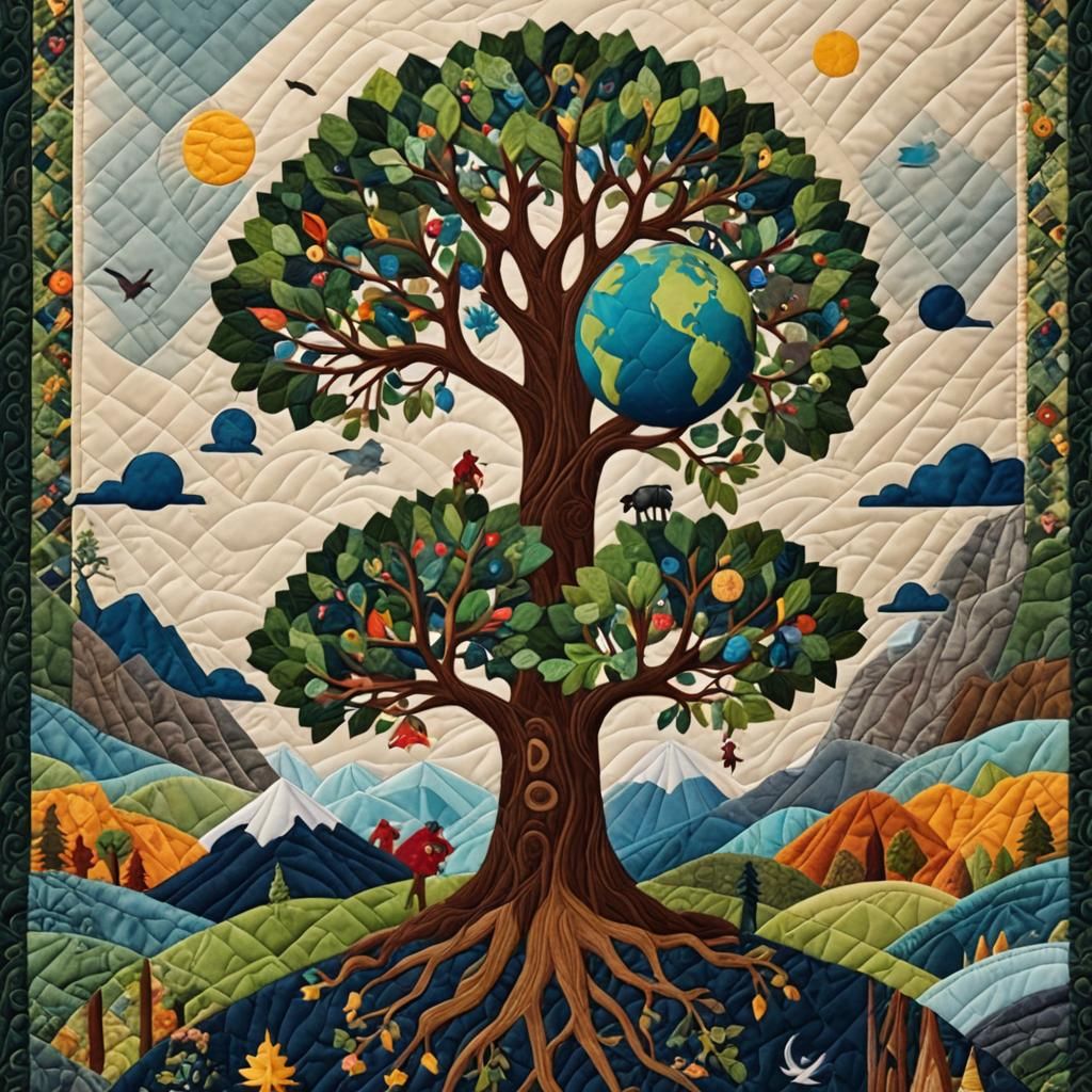 A colorful quilt fabric scene depicting the World Tree bearing planet Earth on its branches.