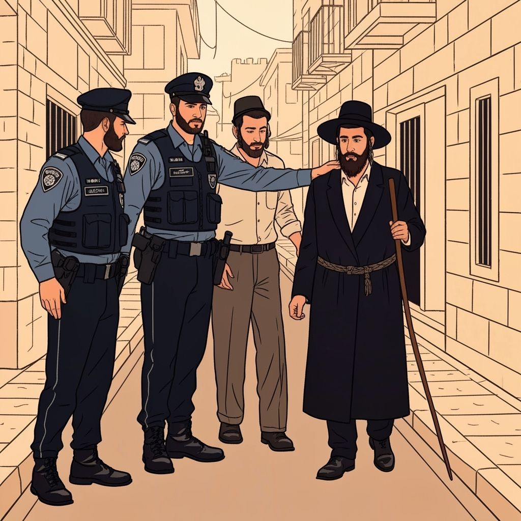 Israeli Police Questioning Haredi Man, Graphic Novel Style