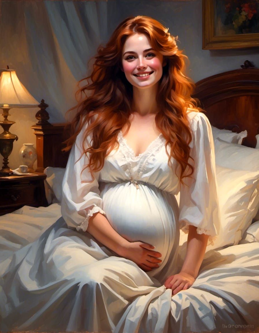 Beautiful curvy pregnant young Victorian woman with long aub...