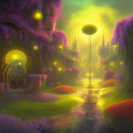 Beautiful Bioluminescent Fairy City Street Scenes, beautiful...