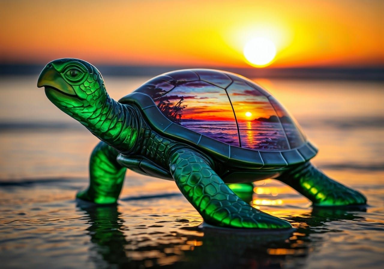 Glass sea turtle with painted beach sun set   by @David Myers