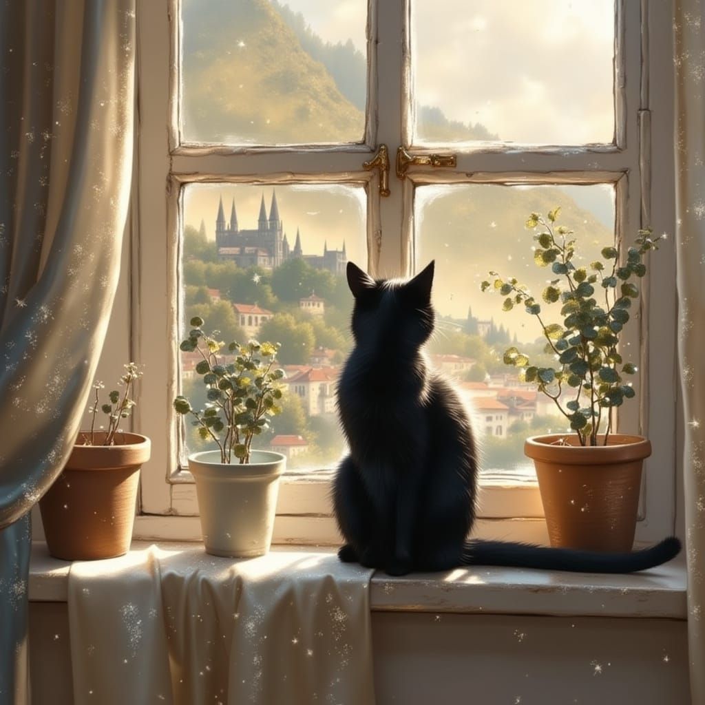 Child and Cat Gazing at European Landscape
