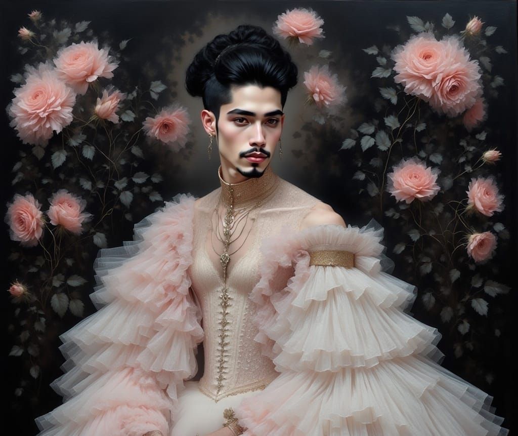 <lora:Rufflelace Intensity:1.0> A Rococo style painting, white and pink dress wearing Asian man with a high hairstyle, full body, Renaissanc...