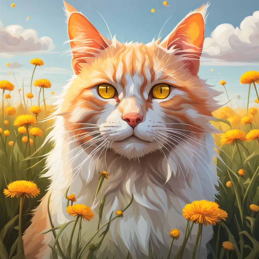 Cream orange cat with yellow eyes in a feild of dandelions - AI ...