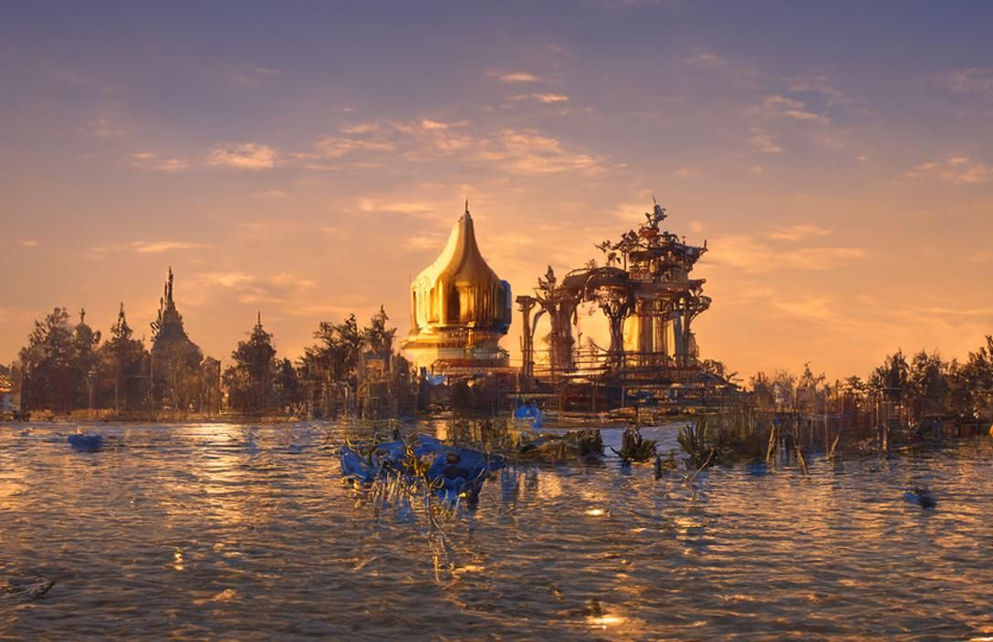 Realistic diorama of an undiscovered Thai temple partially overtaken by