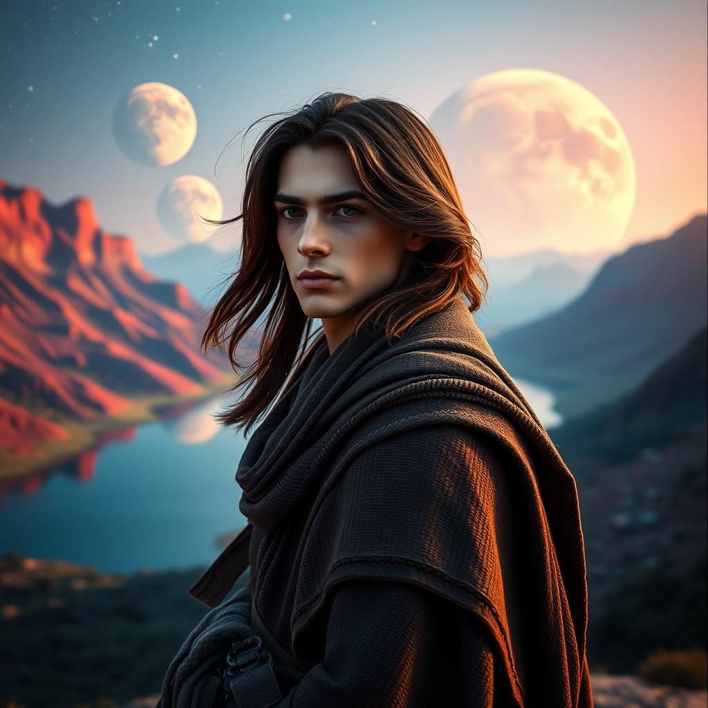 Contemplative Man in Alien Landscape, Cinematic Photograph